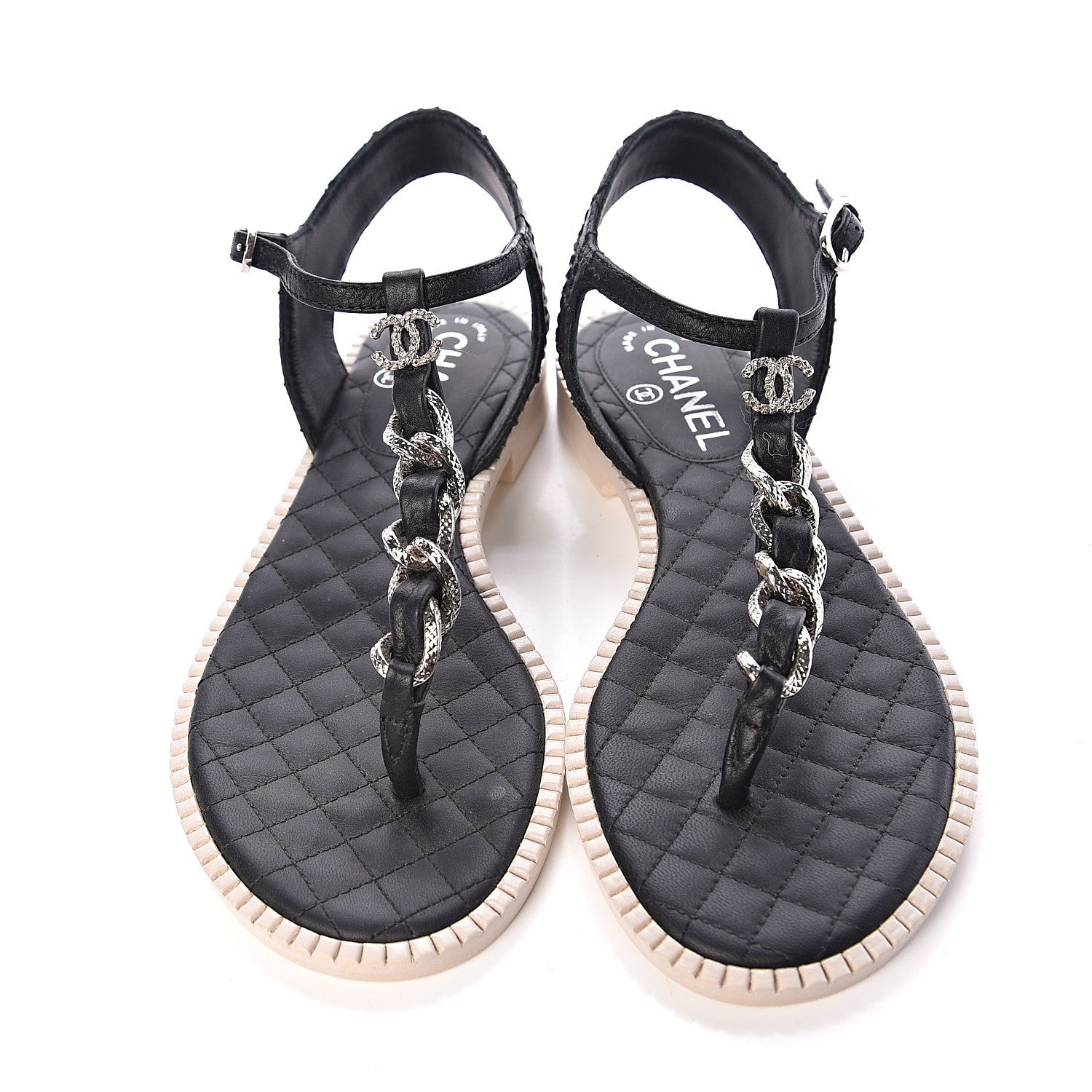 Chanel Souple Calfskin Chain CC Thong Sandals 37 Black White 10 of 11