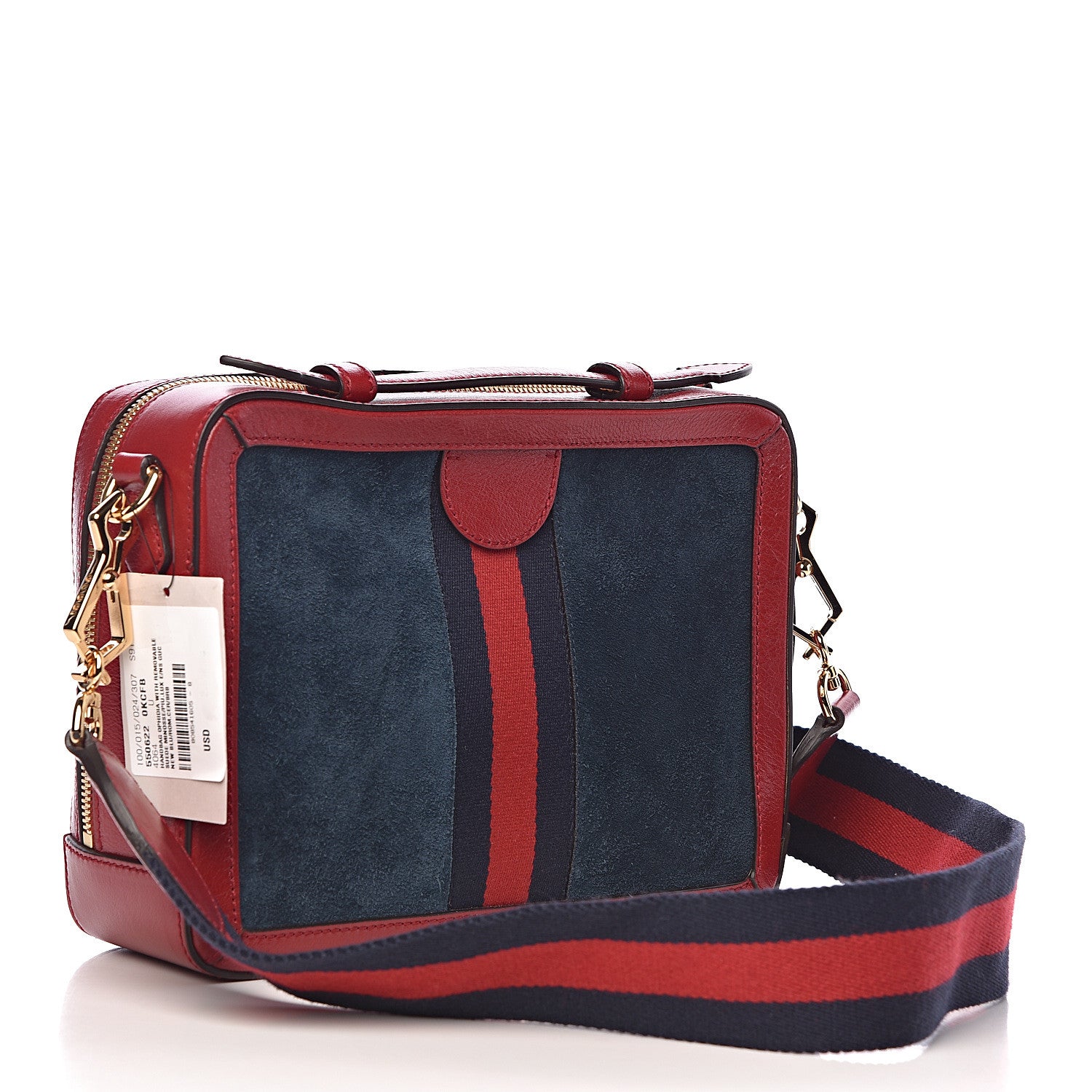 Gucci Suede Calfskin Web Small Ophidia Top Handle Shoulder Bag New Blue Romantic Cherry 3 of 10