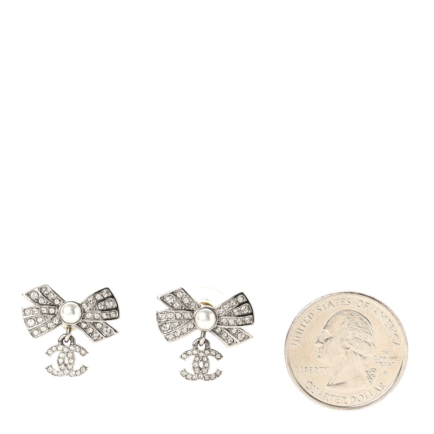 Crystal Pearl Bow CC Drop Earrings Silver