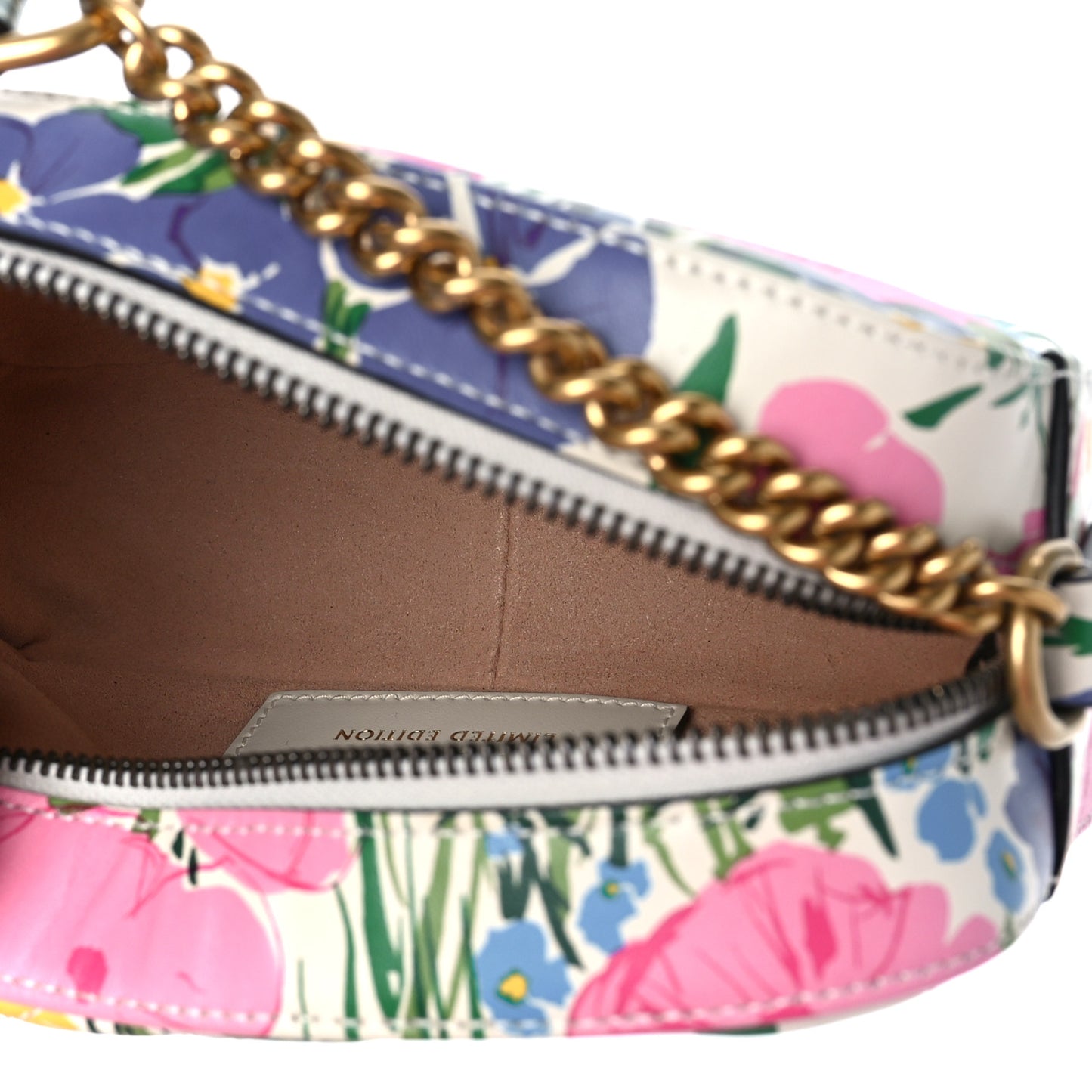 X KEN SCOTT Calfskin Matelasse Floral Print Mini GG Marmont Chain Shoulder Bag Ivory Pink
