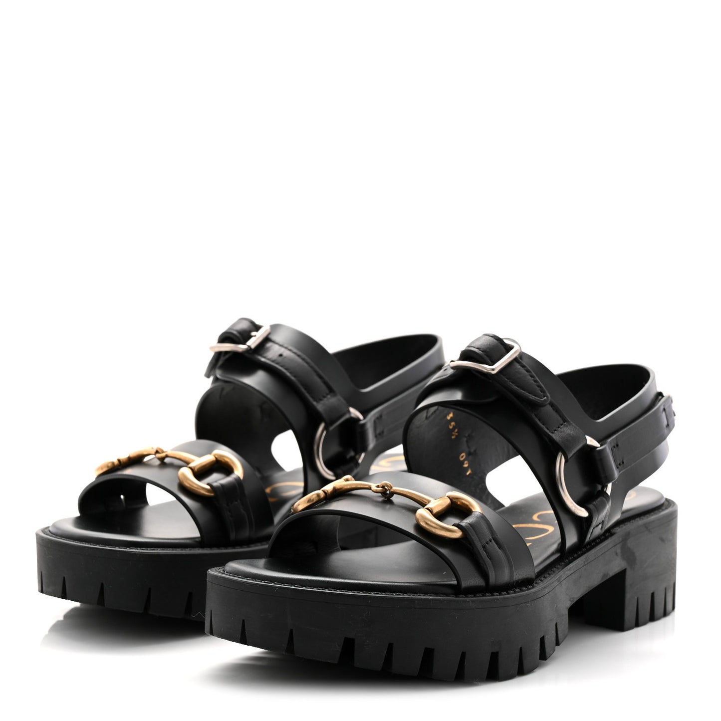 Calfskin Horsebit Bria Lug Sole Sandals 35.5 Black