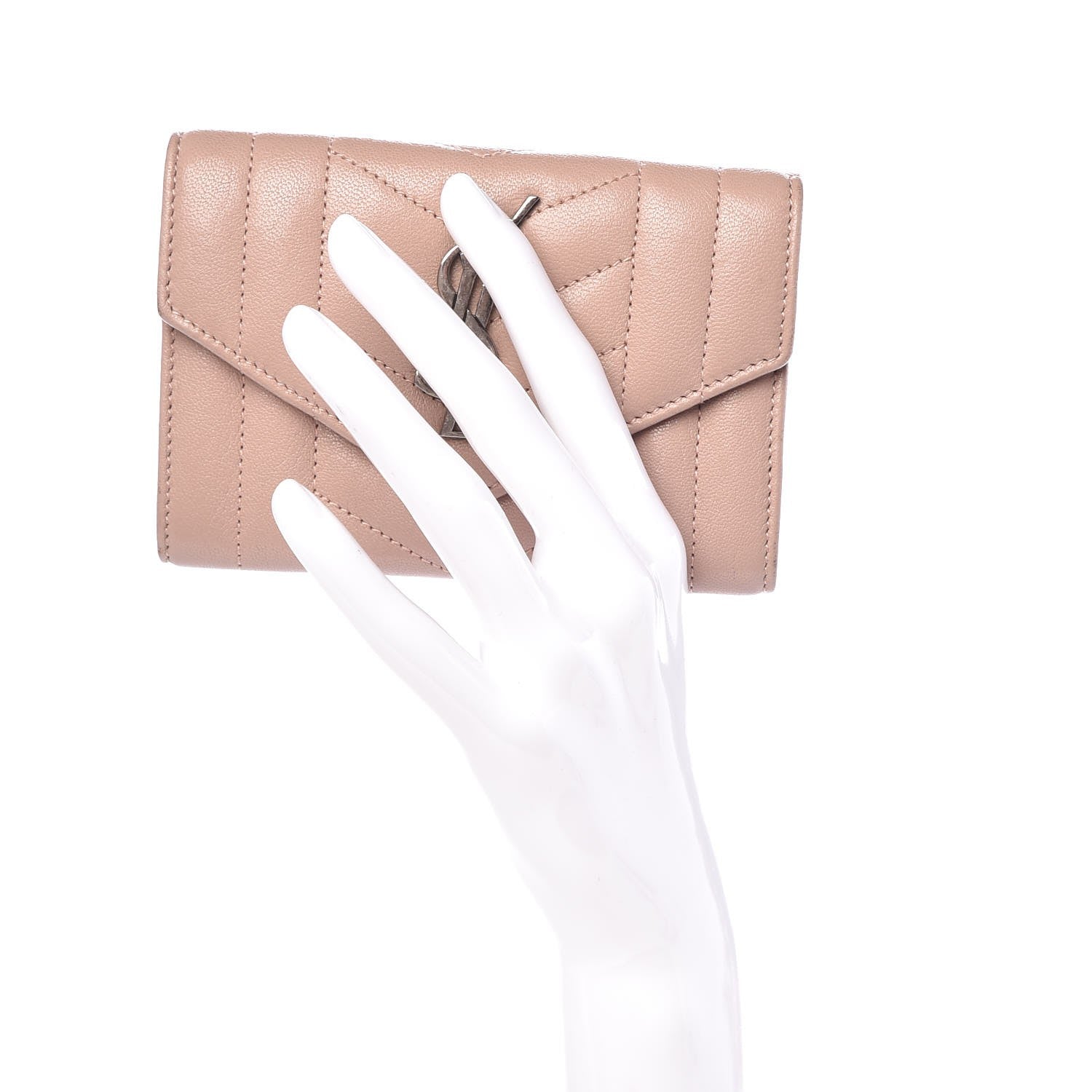 Saint Laurent Lambskin Mixed Matelasse Chevron Small Monogram Envelope Wallet Nude 2 of 10