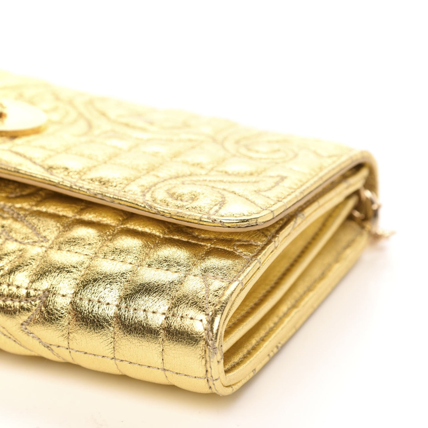 Metallic Nappa Barocco Quilted Wallet On Chain Crossbody Gold