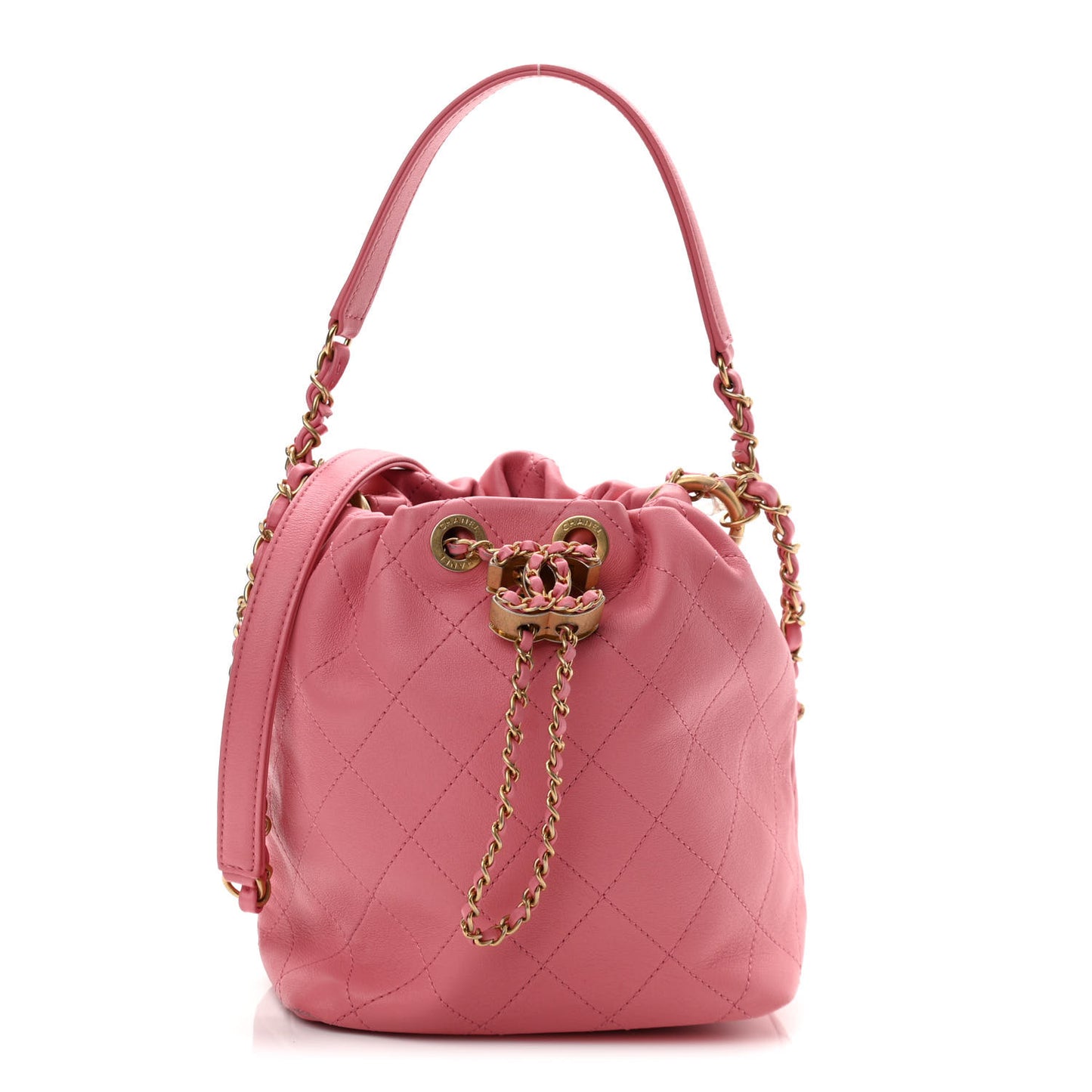 Lambskin Quilted Antique Signs Drawstring Bag Pink