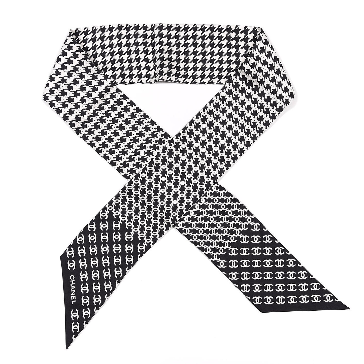 Silk Twill Houndstooth Slim Bandeau Scarf Black Ecru