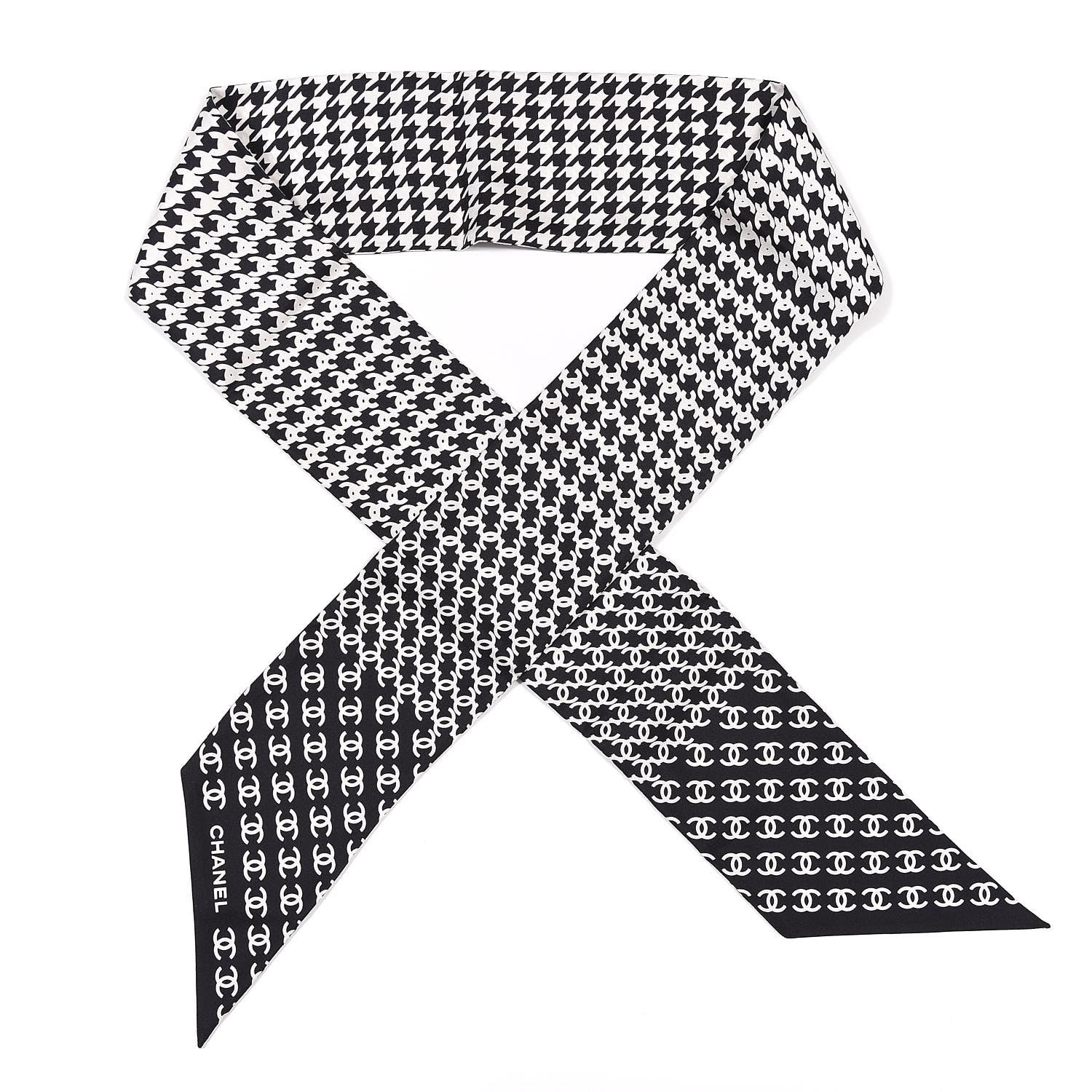 Chanel Silk Twill Houndstooth Slim Bandeau Scarf Black Ecru 1 of 2