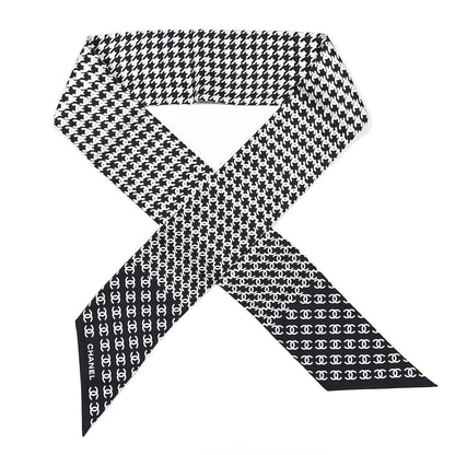 Chanel Silk Twill Houndstooth Slim Bandeau Scarf Black Ecru 1 of 2