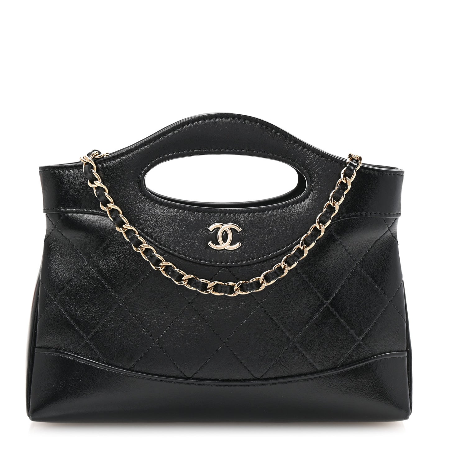 Shiny Crumpled Calfskin Quilted Nano 31 Shopping Bag Black