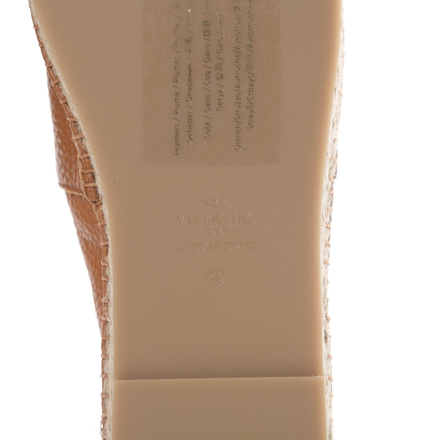 Grained Calfskin Feather Strap Espadrilles 39 Tan