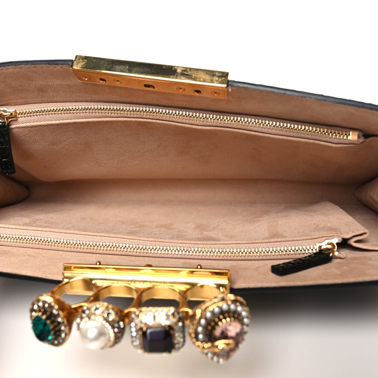 Calfskin Crocodile Embossed Knuckle Flat Clutch Black Gold