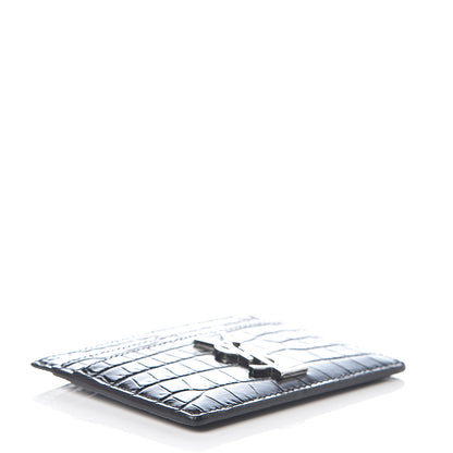 Saint Laurent Calfskin Crocodile Embossed Monogram Credit Card Case Black 3 of 6
