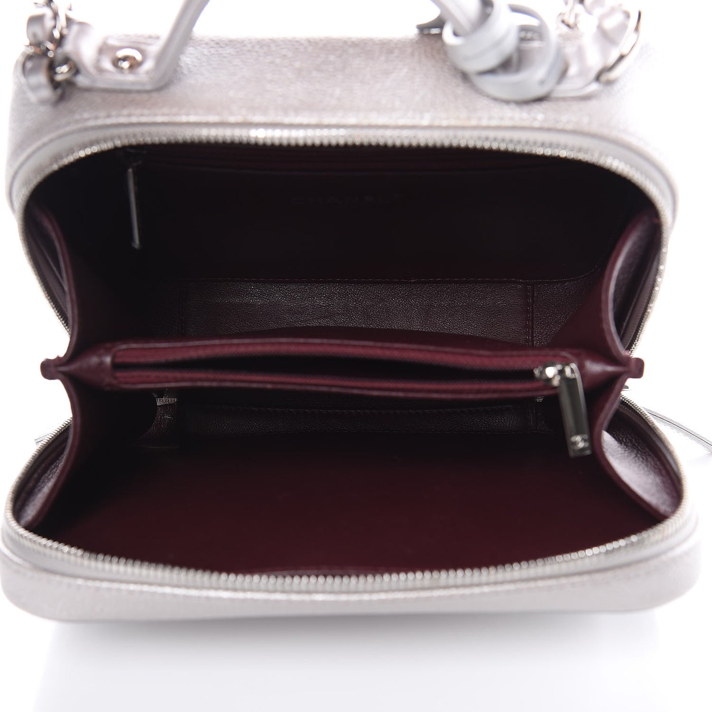 Metallic Caviar Quilted Medium CC Filigree Vanity Case Silver