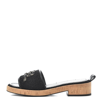 Chanel Tweed Lambskin Cork Logo Mules 38 Black 1 of 13
