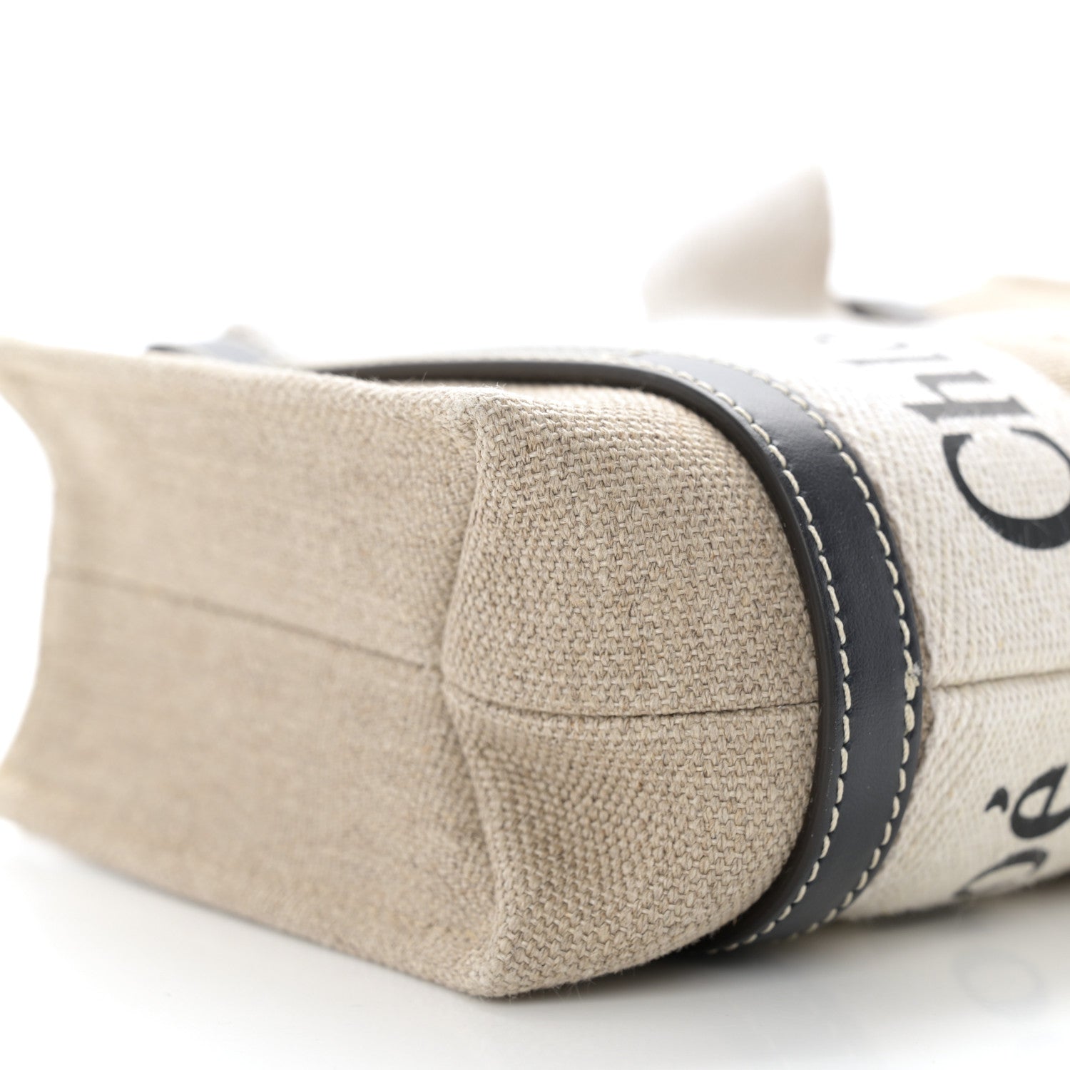 Chloe Linen Calfskin Mini Woody Ribbon Tote White Navy 9 of 11