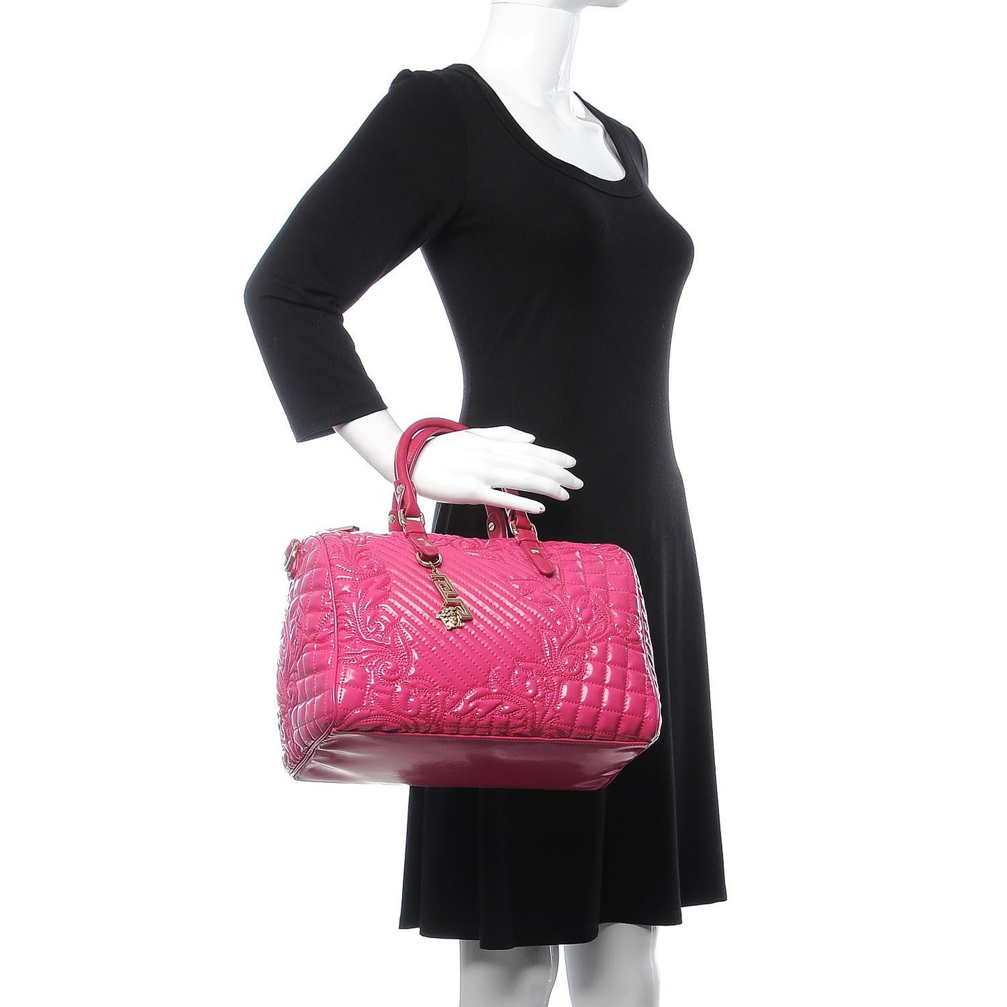 Patent Barocco Quilted Vanitas Bowling Bag Fuchsia