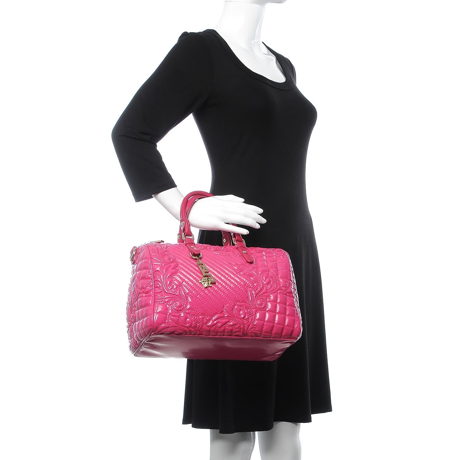 Versace Patent Barocco Quilted Vanitas Bowling Bag Fuchsia 2 of 12