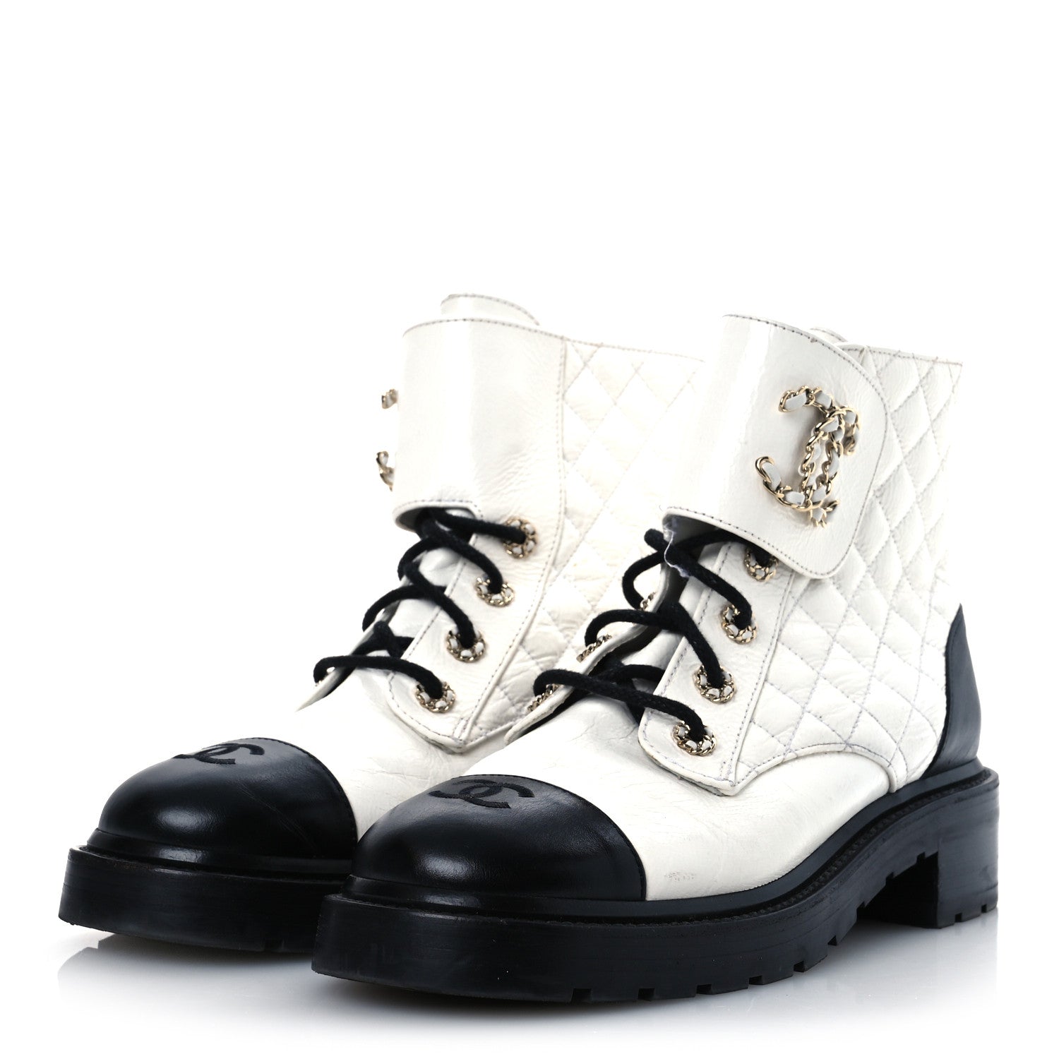 Chanel Shiny Goatskin Calfskin Quilted Lace Up Combat Boots 41.5 White Black 4 of 15