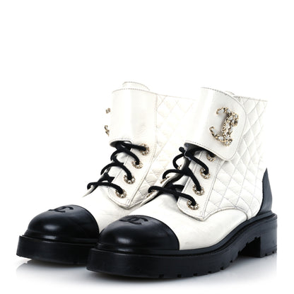 Chanel Shiny Goatskin Calfskin Quilted Lace Up Combat Boots 41.5 White Black 4 of 15