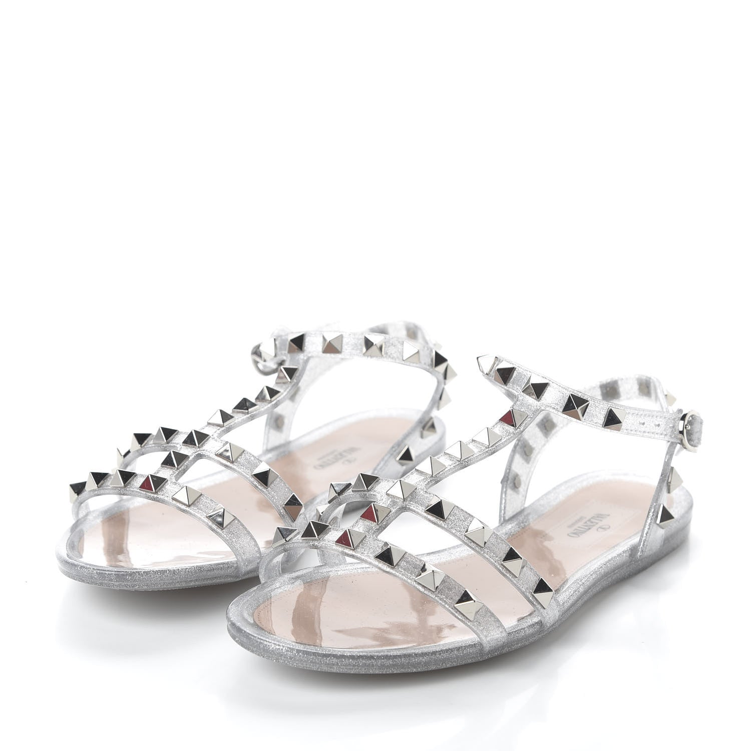 Valentino Garavani PVC Jelly Glitter Rockstud T-Strap Slingback Flat Sandals 35 Silver 3 of 8