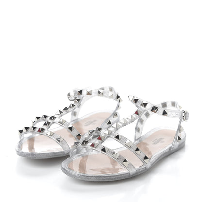 Valentino Garavani PVC Jelly Glitter Rockstud T-Strap Slingback Flat Sandals 35 Silver 3 of 8