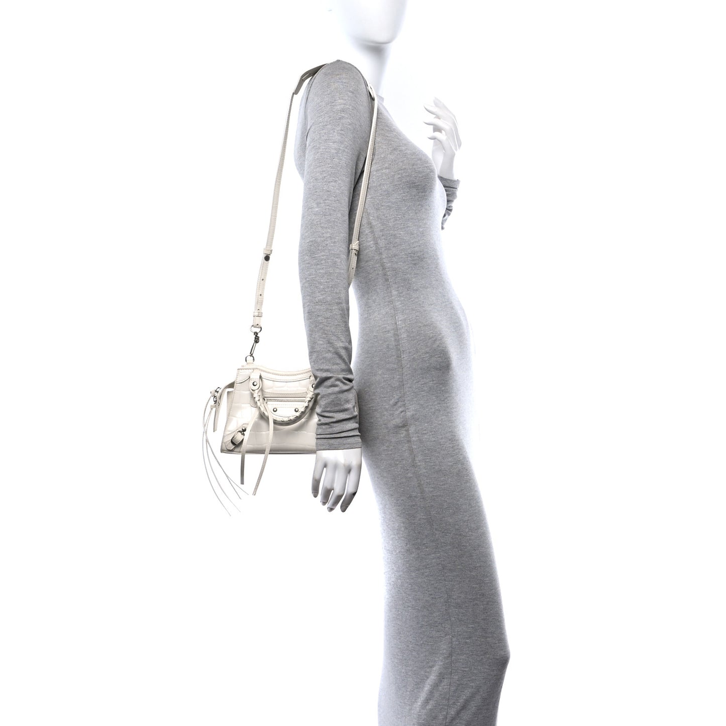 Semi Shiny Calfskin Crocodile Embossed Neo Classic Silver Hardware Mini City White