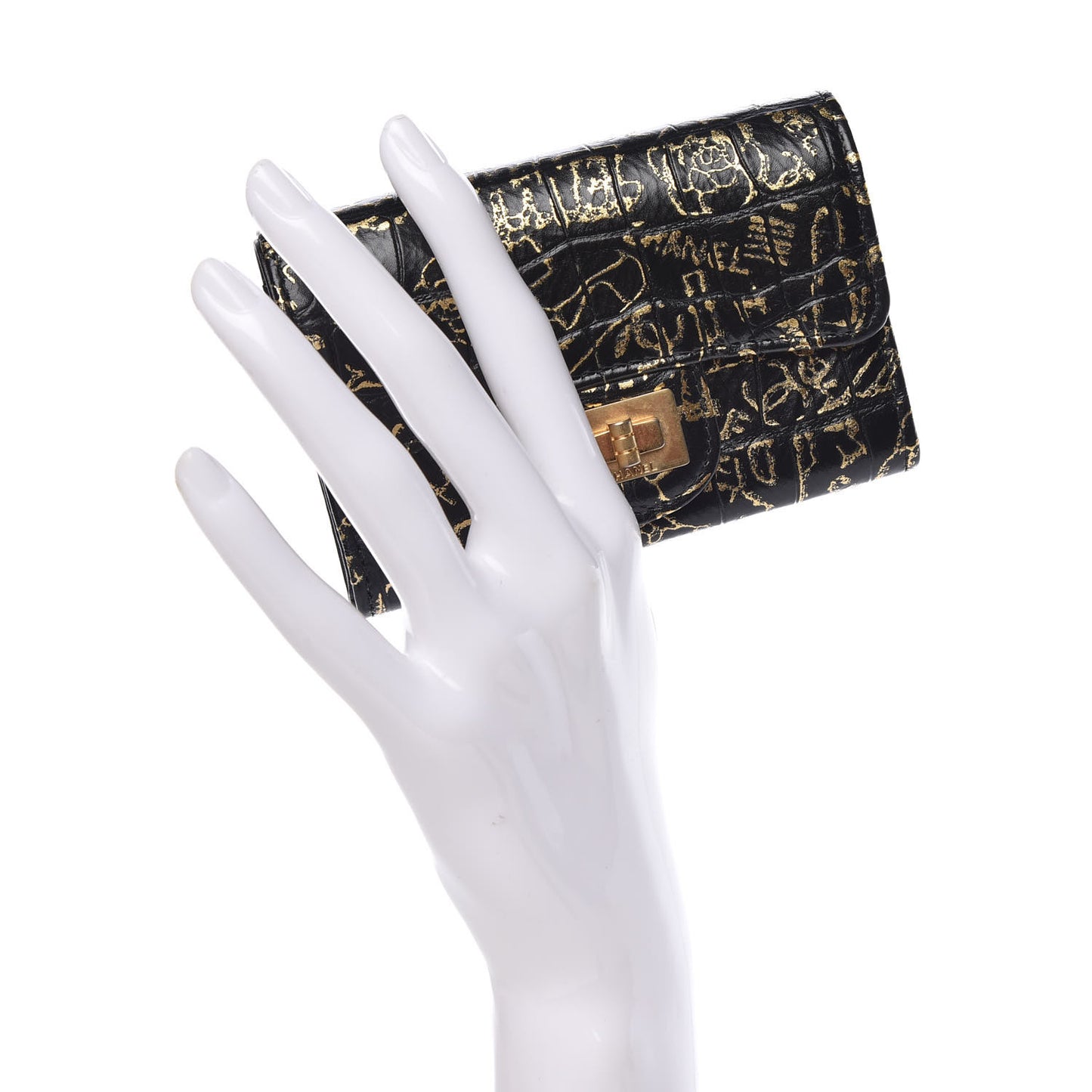 Calfskin Crocodile Embossed Graffiti Reissue Card Holder Wallet Black Gold