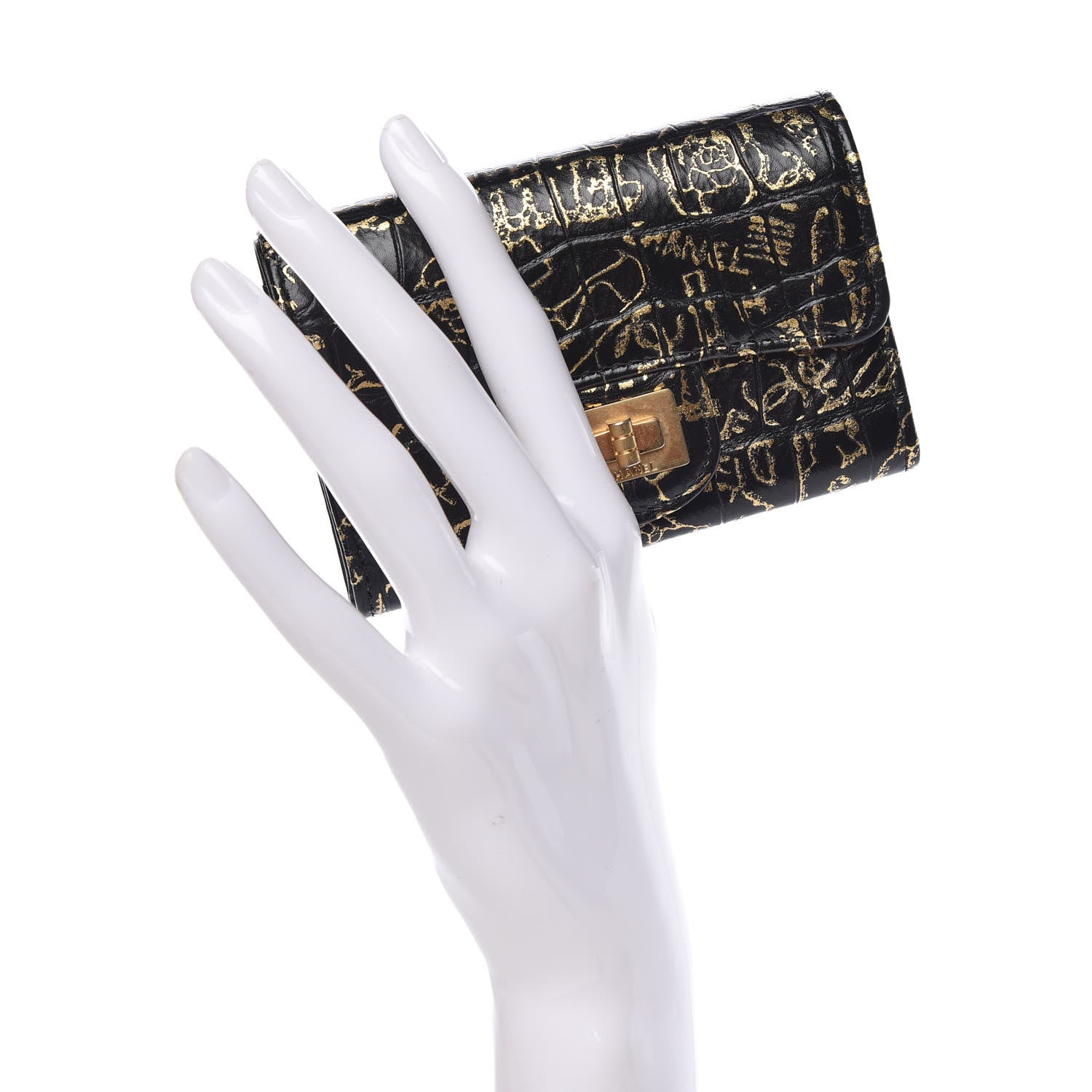 Chanel Calfskin Crocodile Embossed Graffiti Reissue Card Holder Wallet Black Gold 2 of 9