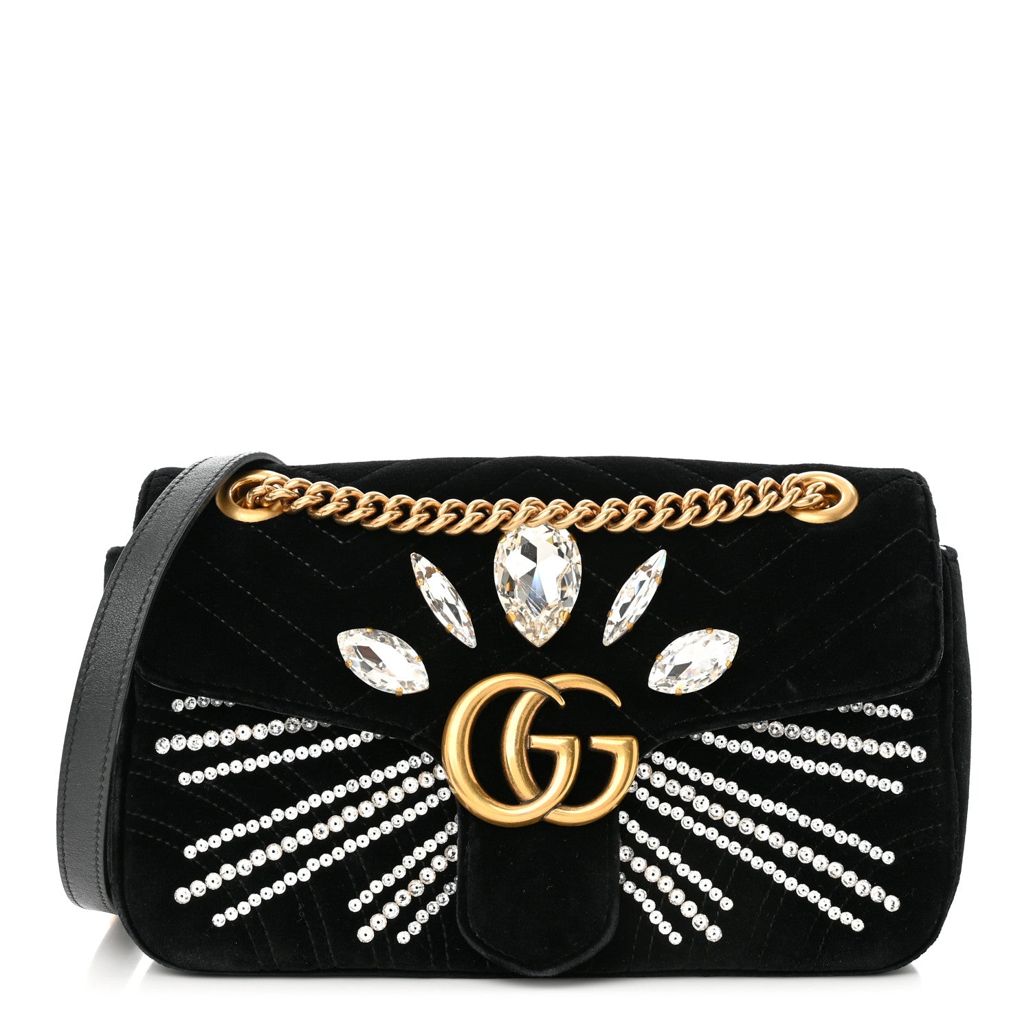 Gucci Velvet Matelasse Marquise Crystals Embroidered Small GG Marmont Shoulder Bag Black 1 of 10
