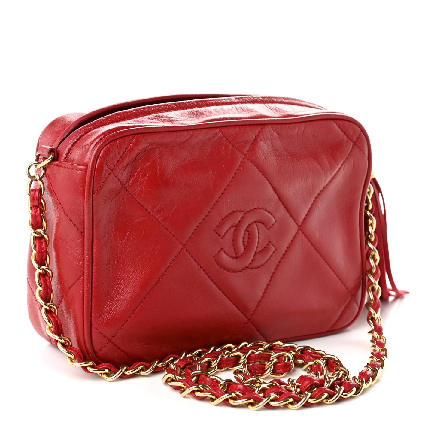 Lambskin Quilted Tassel Camera Case Red