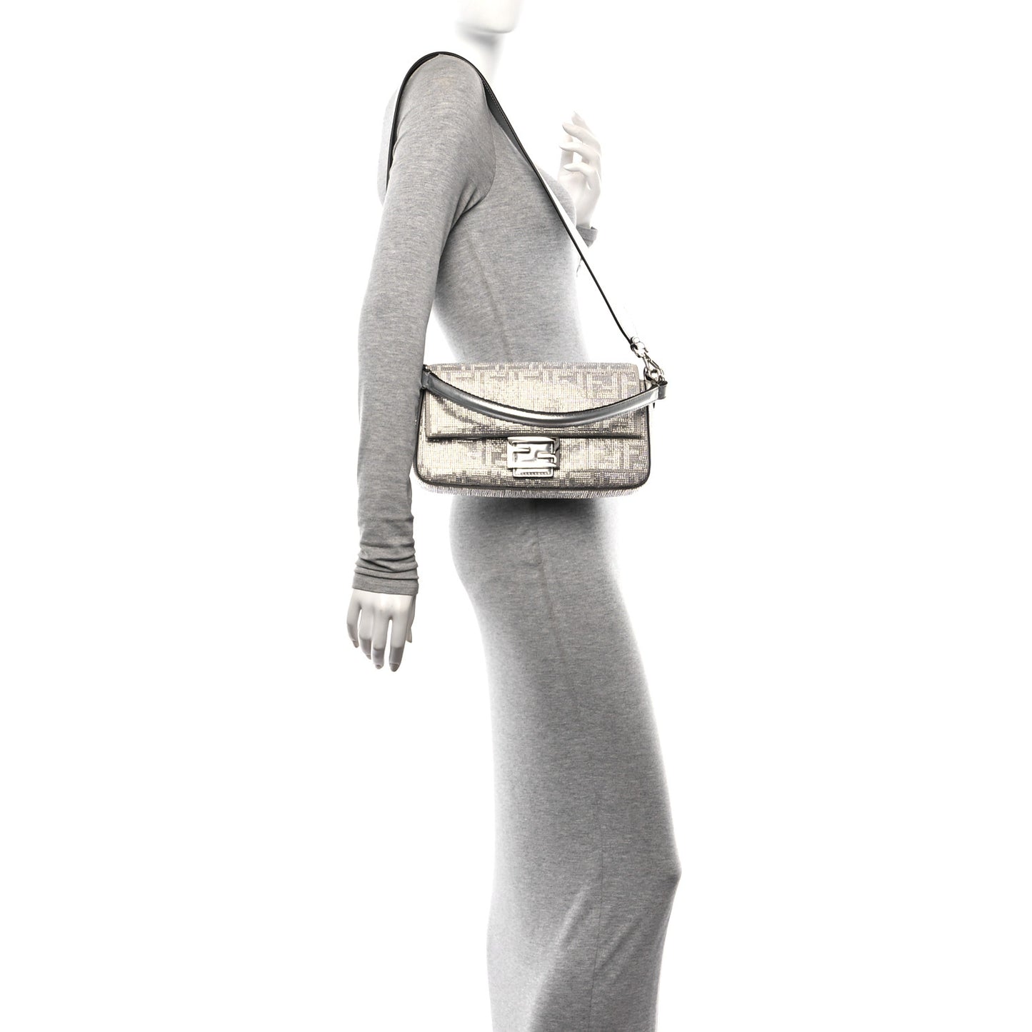 Crystal Vitello Laminato FF Medium Baguette Crystal Argento