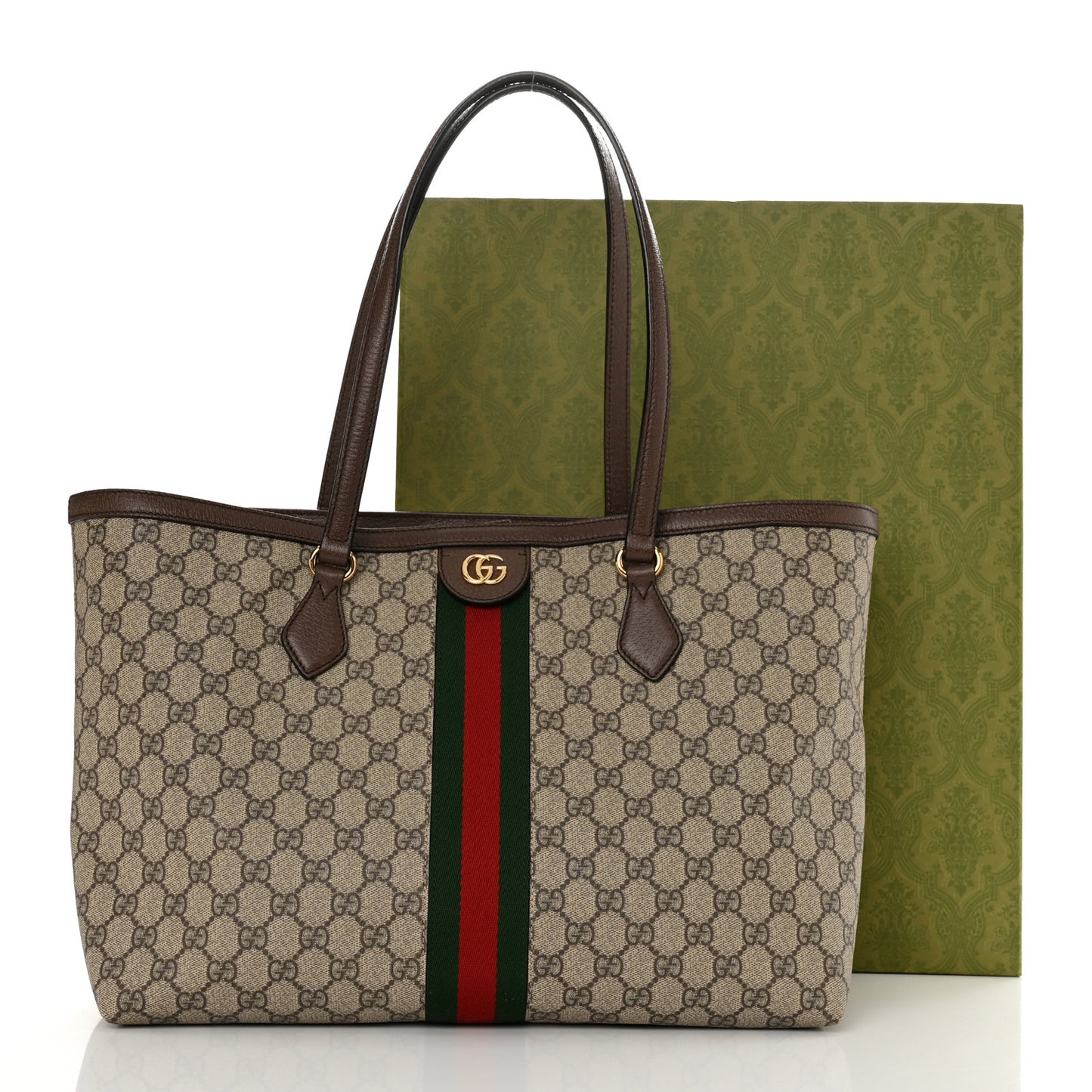 GG Supreme Monogram Textured Calfskin Web Medium Ophidia Shopping Tote Beige Ebony New Acero