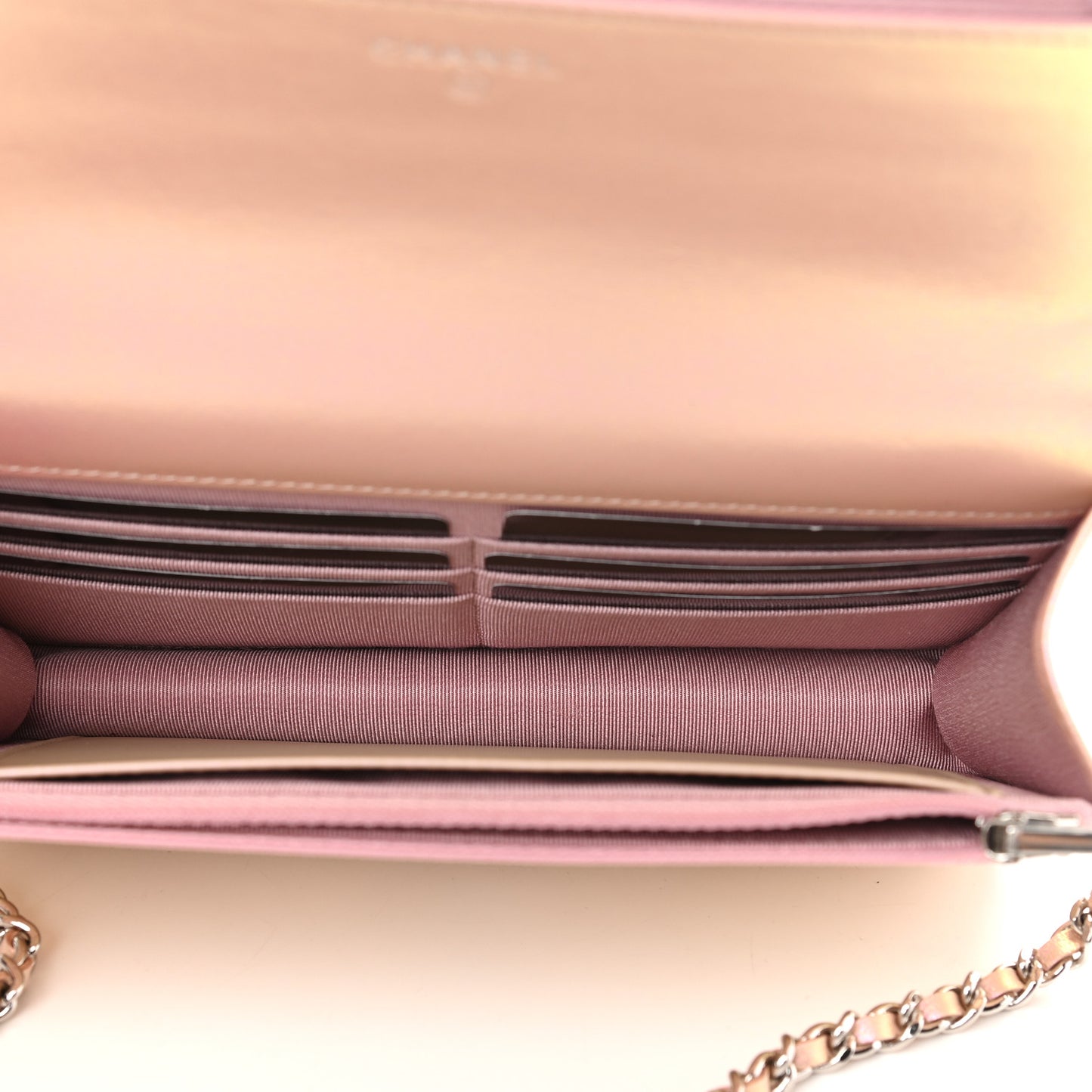 Iridescent Calfskin Quilted Wallet On Chain WOC Pink