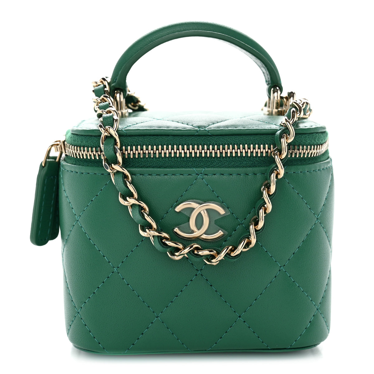 Lambskin Quilted Top Handle Mini Vanity Case With Chain Green