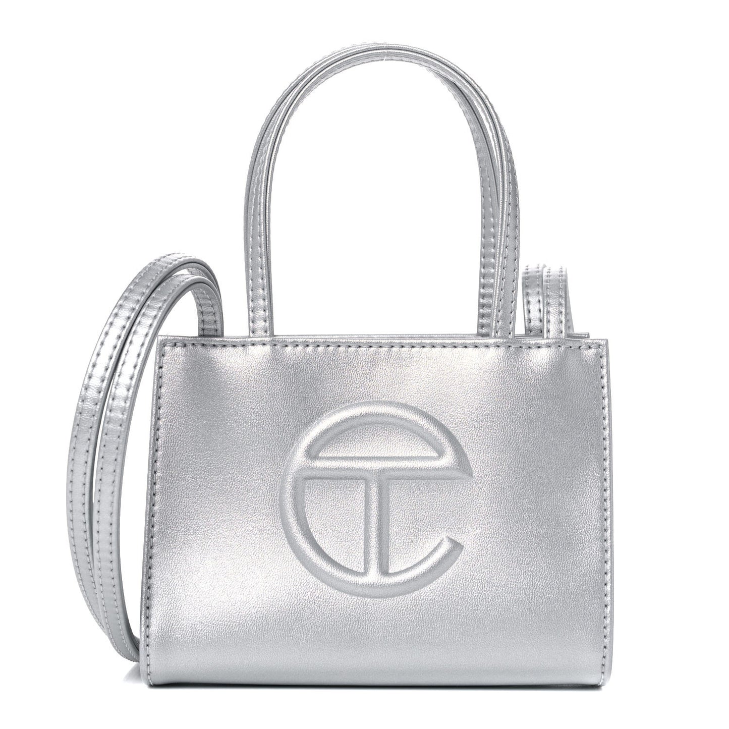 Metallic Vegan Leather Small Shopping Bag Silver