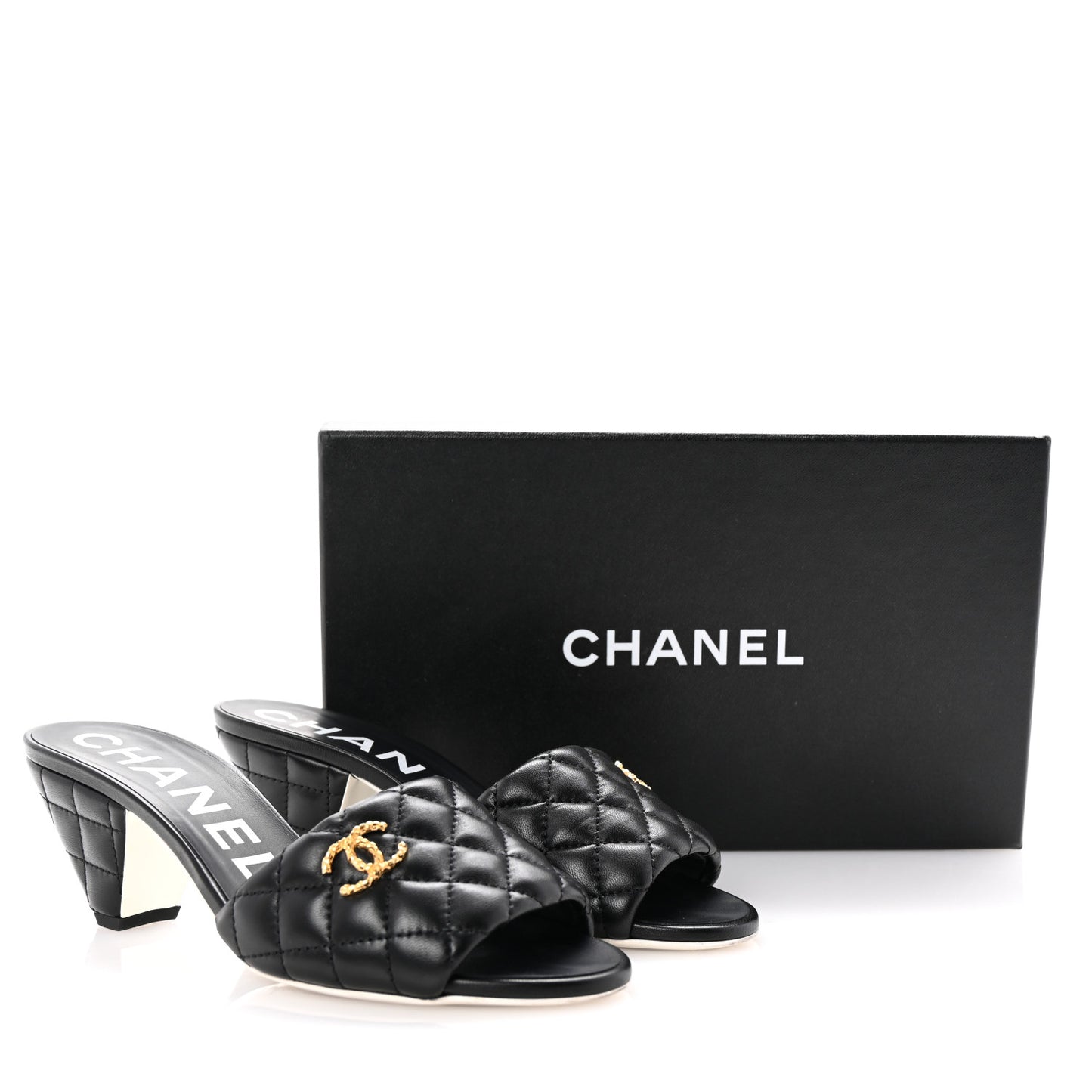 Lambskin Quilted Textured CC Mules 38 Black