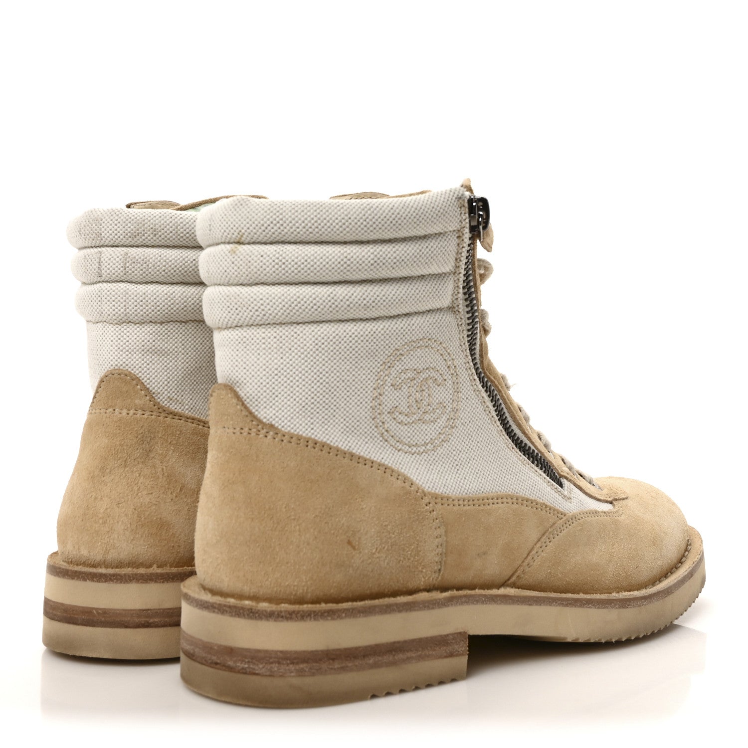 Chanel Toile Suede Calfskin CC Lace Up Short Boots 39 Light Beige 5 of 10