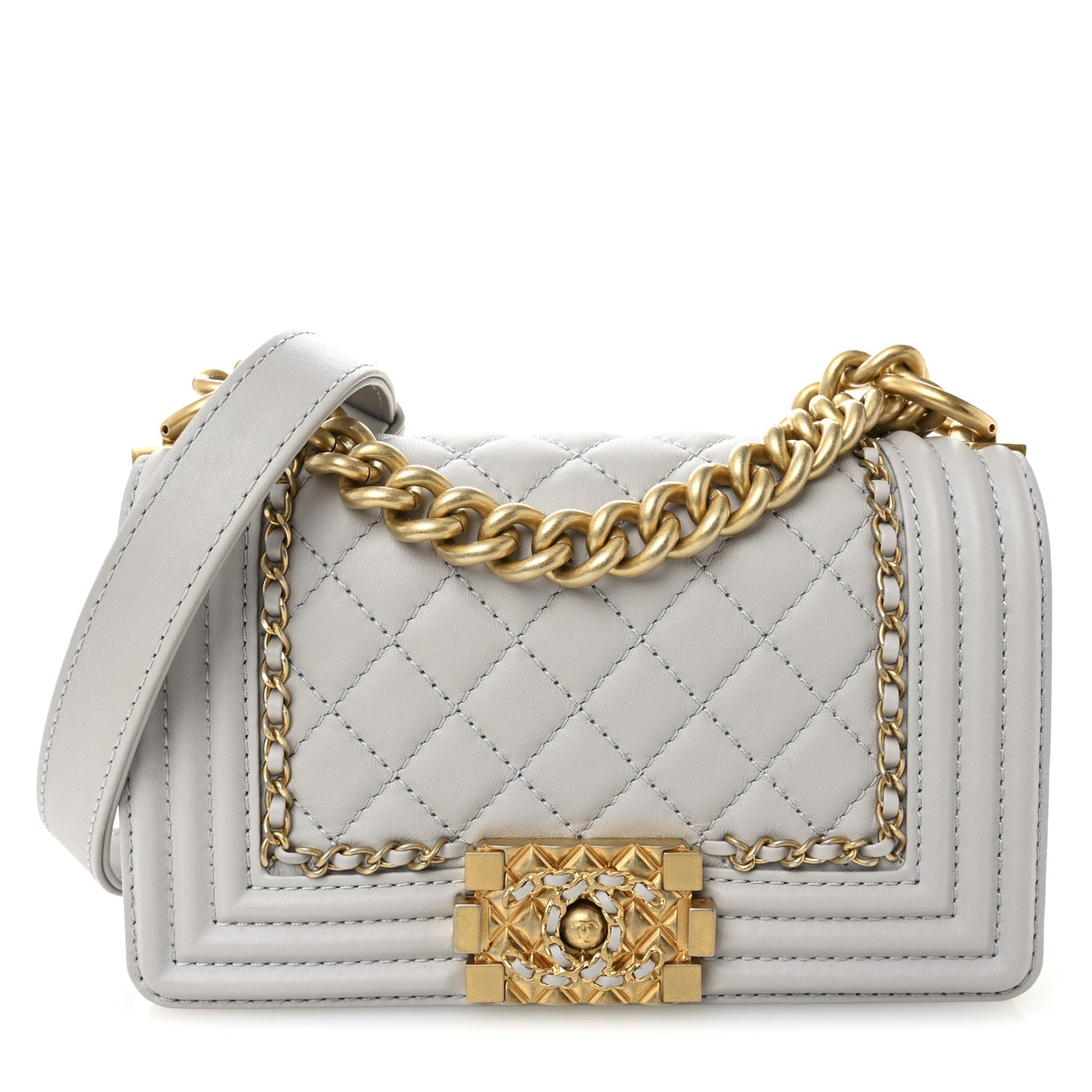 Lambskin Quilted Small Chain Around Boy Flap Grey