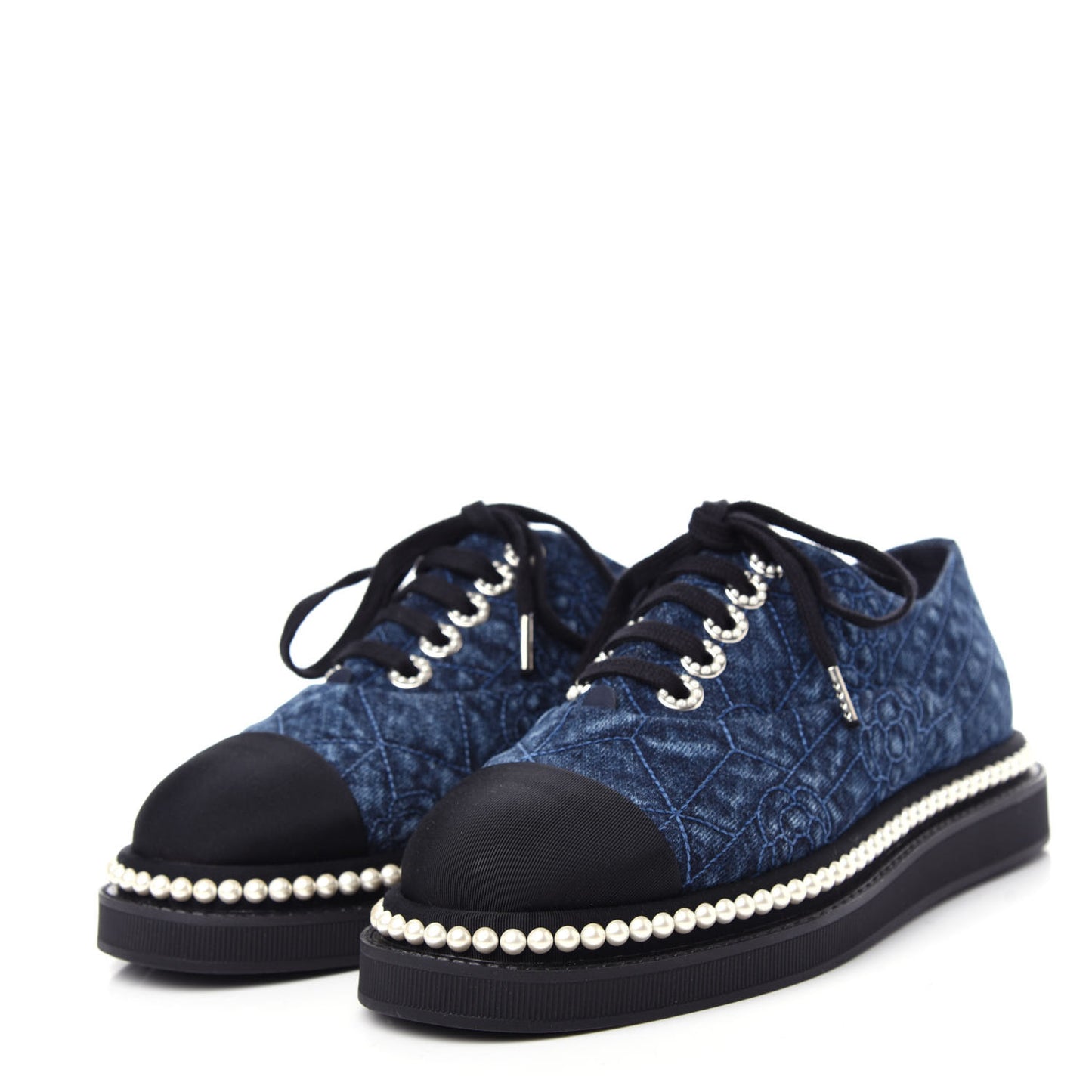 Denim Grosgrain Camellia Pearl Lace Up Sneakers 36 Blue Black