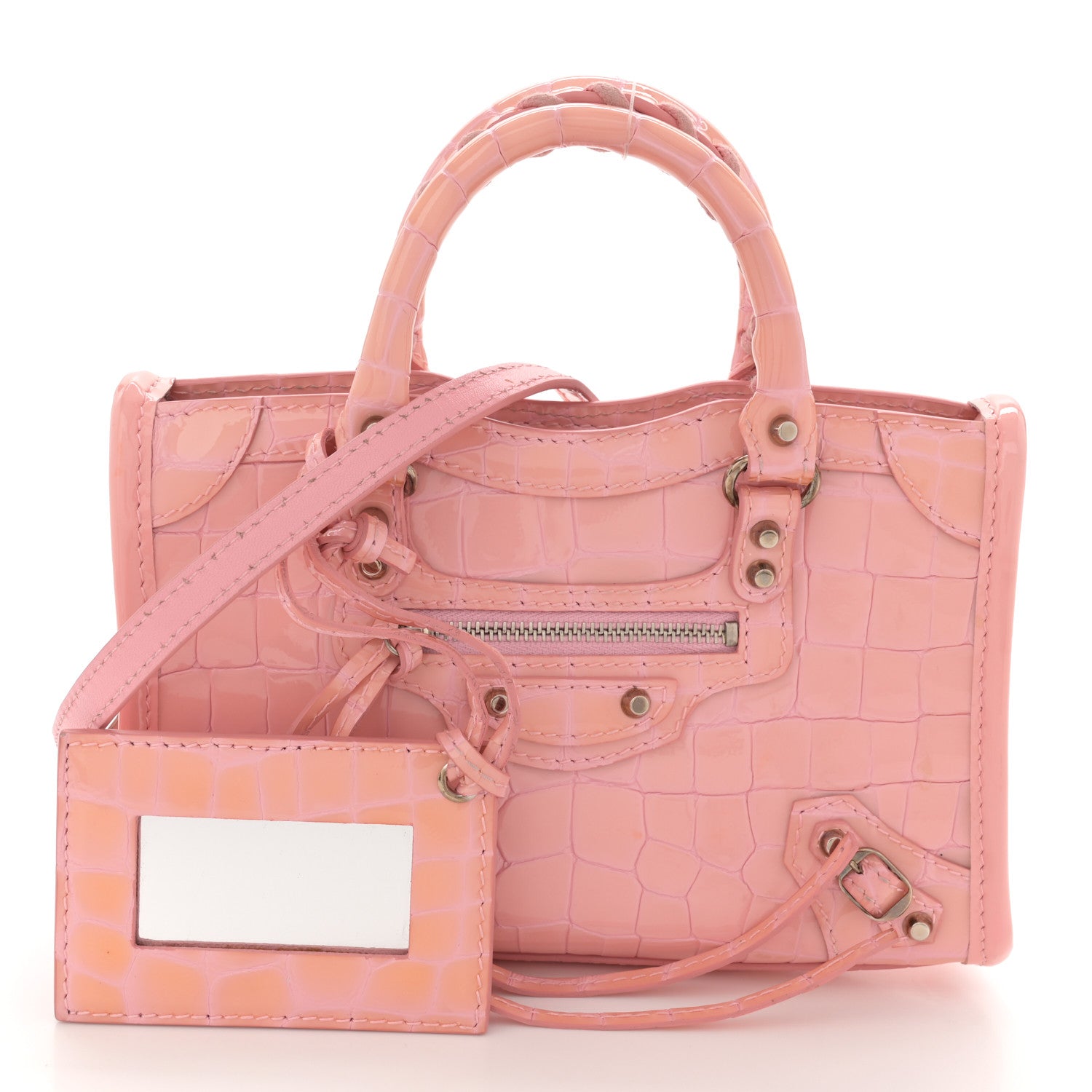 Balenciaga Patent Crocodile Embossed Classic Silver Hardware Nano City Light Pink 3 of 14