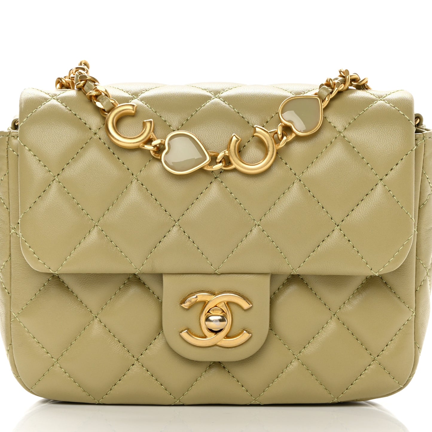 Lambskin Enamel Quilted Mini Coco Hearts Square Flap Light Green