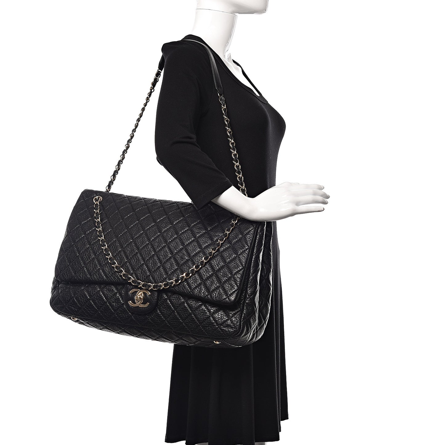 Calfskin Quilted XXL Travel Flap Bag Black