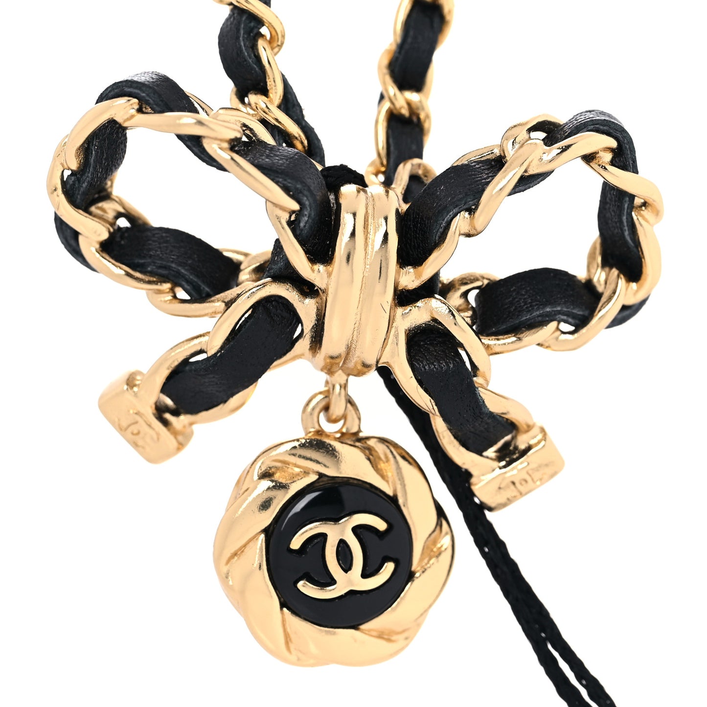 Metal Lambskin Chain CC Bow Necklace Black Gold