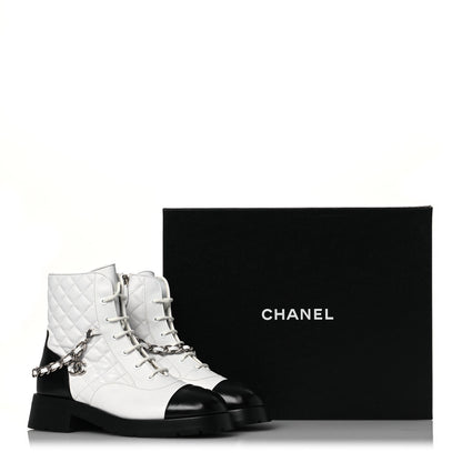 Chanel Caviar Calfskin Quilted Chain Lace Up Combat Boots 41 White Black 12 of 12
