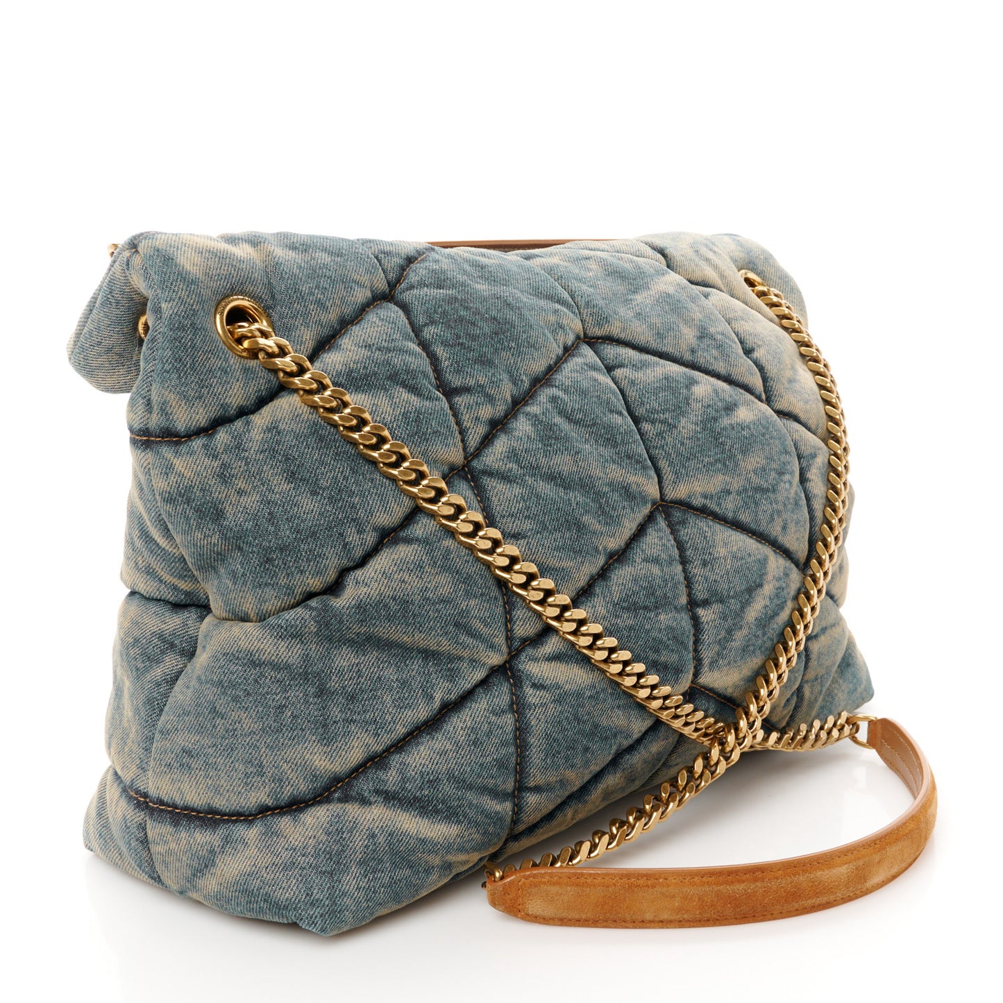 Denim Quilted Medium Loulou Puffer Monogram Chain Satchel Blue Cinnamon