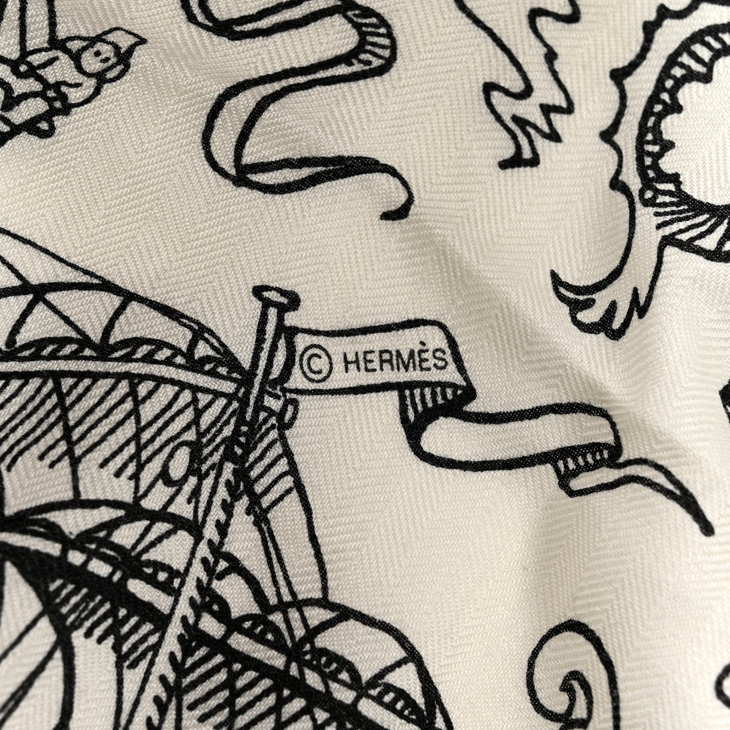 Cashmere Silk Tatouages Marins Bandana Shawl 140 White Black