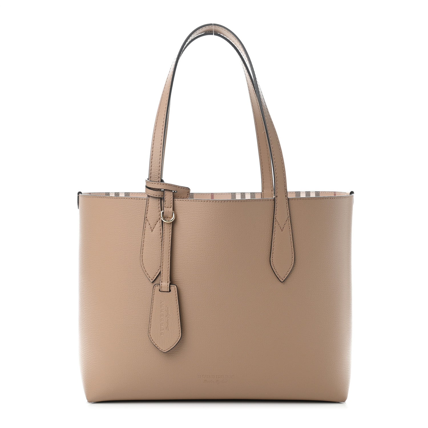 Burberry Grainy Calfskin Haymarket Check Small Reversible Tote Mid Camel 1 of 5