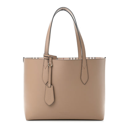 Burberry Grainy Calfskin Haymarket Check Small Reversible Tote Mid Camel 1 of 5