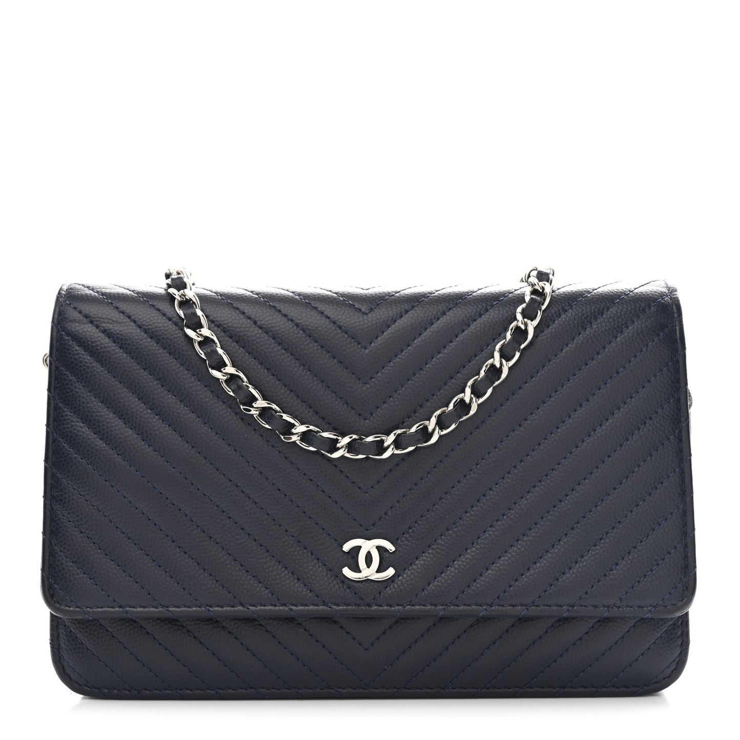 Caviar Chevron Quilted Wallet On Chain WOC Navy