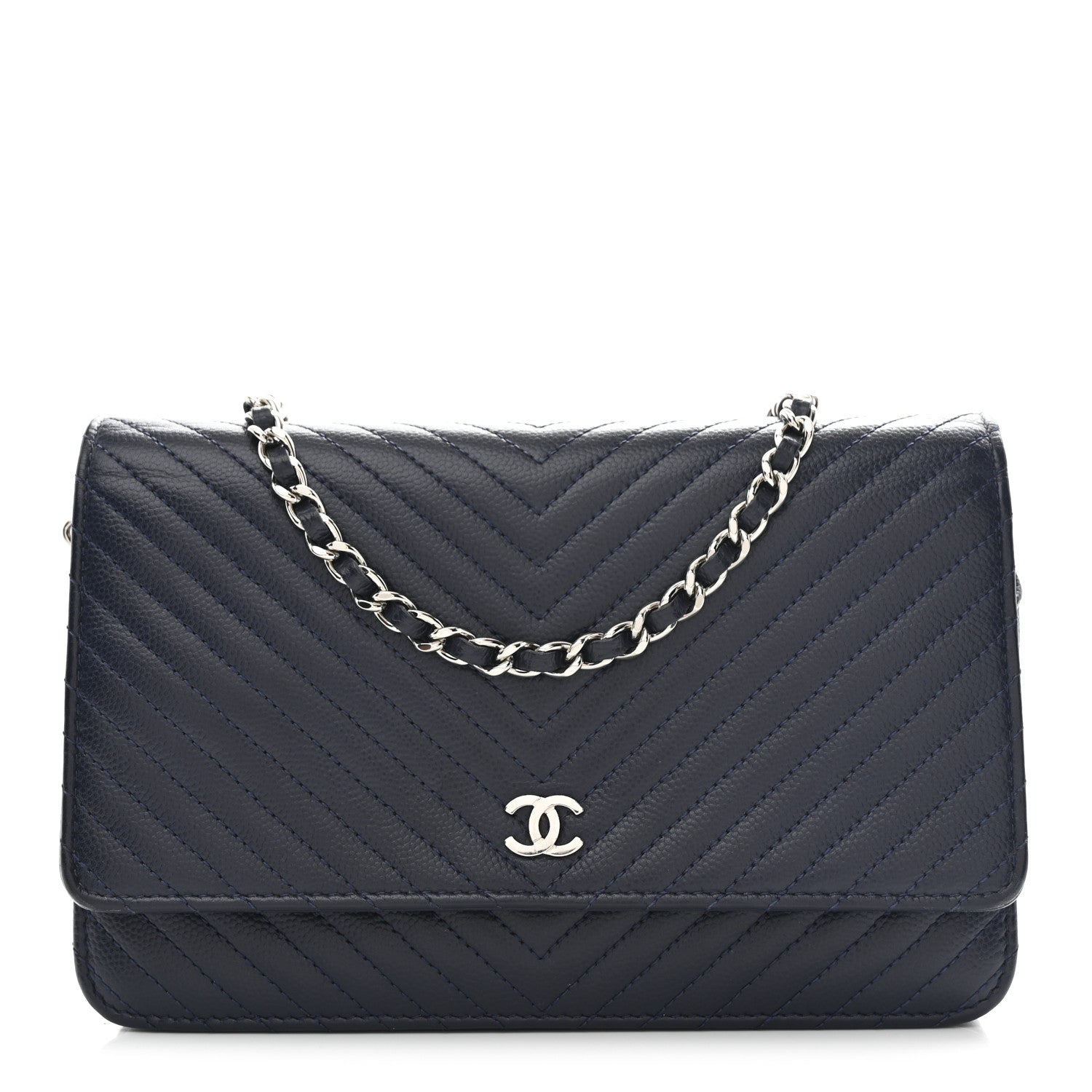 Chanel Caviar Chevron Quilted Wallet On Chain WOC Navy 1 of 12