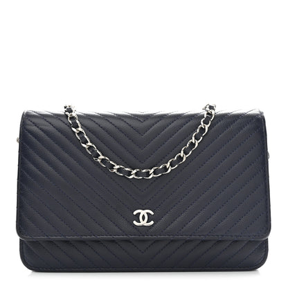 Chanel Caviar Chevron Quilted Wallet On Chain WOC Navy 1 of 12